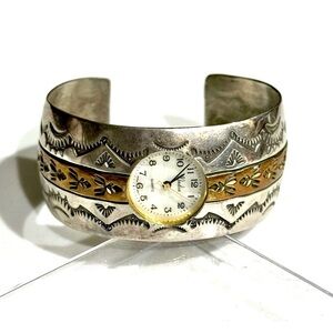 Signed - Ken & Mary Bill, Navajo. Vintage Sterling Silver Gold Wash Watch Cuff